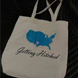 Getting Hitched Canvas Tote with Blue USA Map and Pink Heart on TX